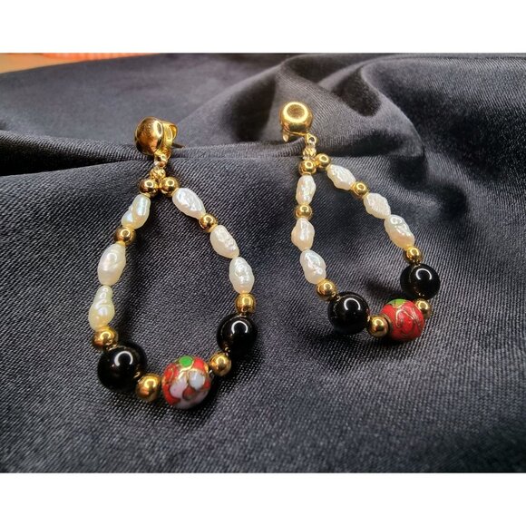 Elegant Gold & Pearl Teardrop Earrings With Black Beads & Red Cloisonné Accents - Picture 5 of 5